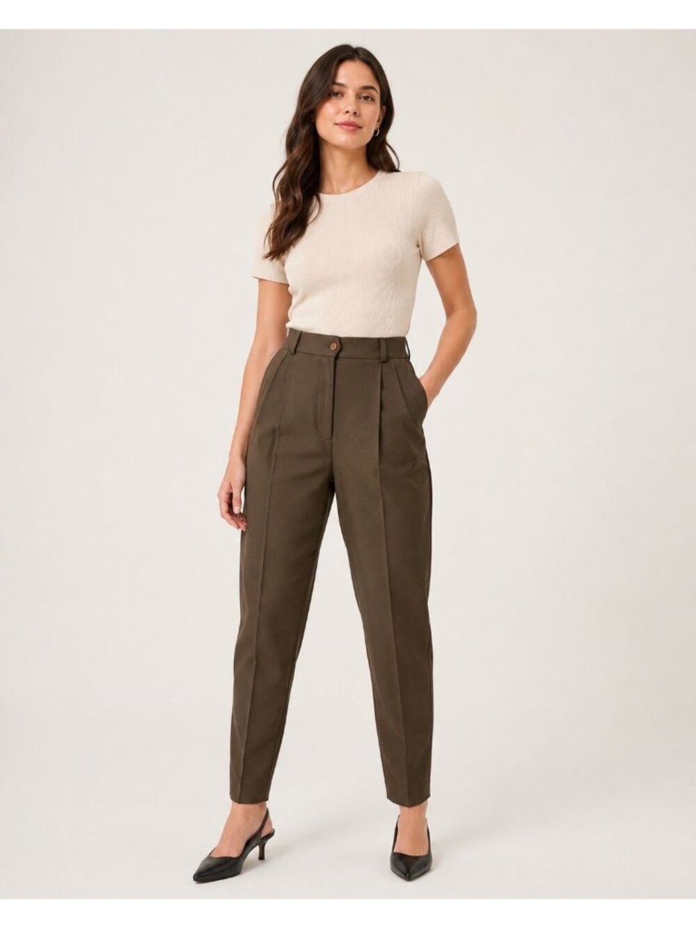 MiromerVtg Brown Pleated Women Trousers Straight Fit Elastic Waistband Size13
